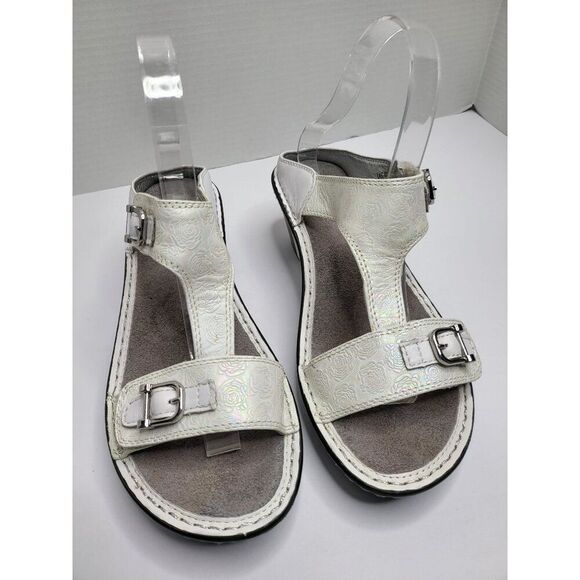 Alegria Wedge Sandals Buckle White Snake Print Slip on Peep Toe SZ 38 EU US 7.5 - Picture 1 of 9